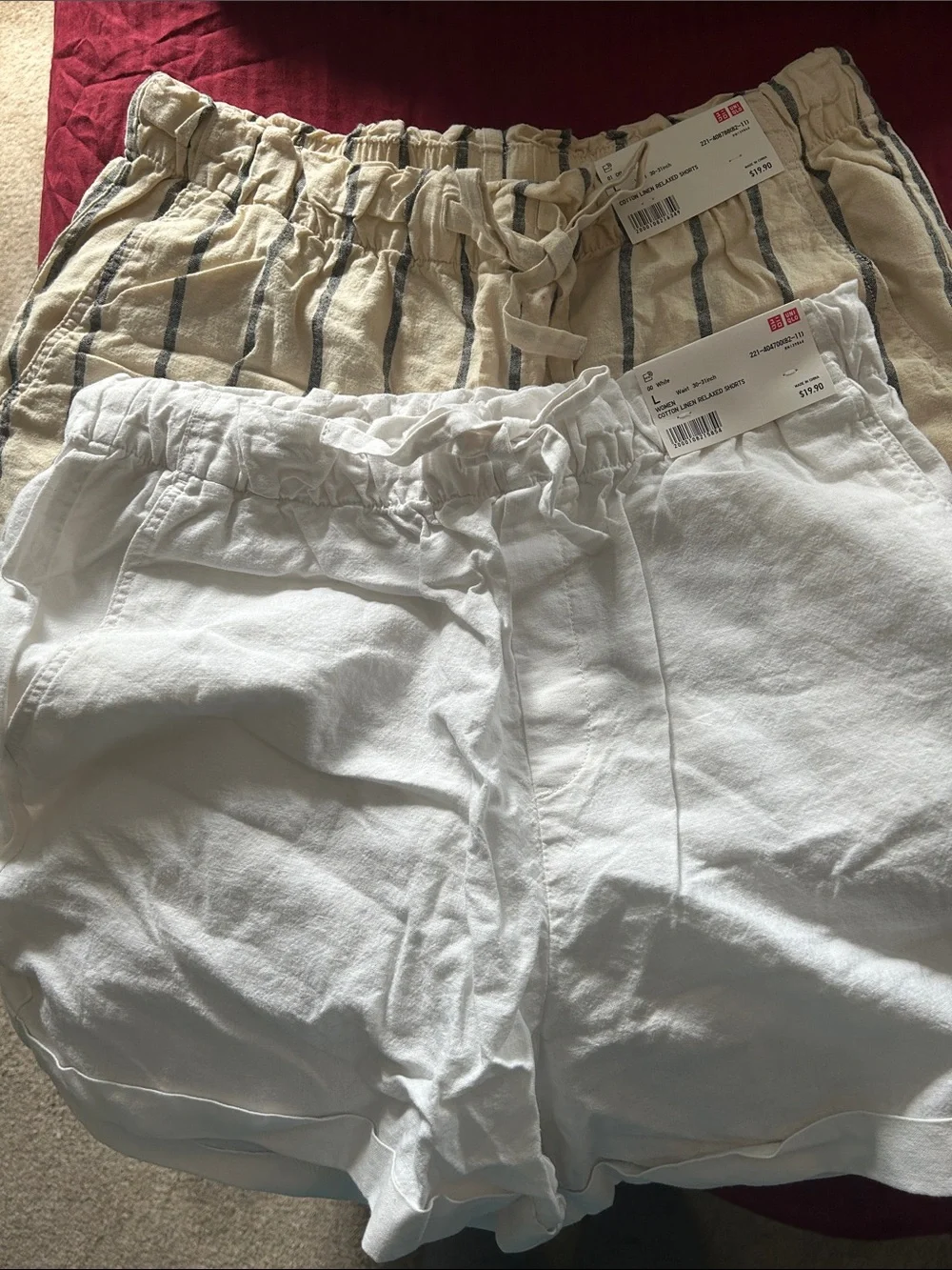 Uniqlo 2 Pairs of NWT Linen Cotton Shorts White and Off White Striped Large